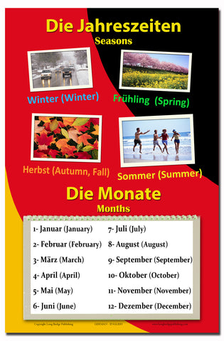 German Language School Poster - Words About Seasons and Months - Wall Chart for Home and Classroom - Bilingual: German and English Text